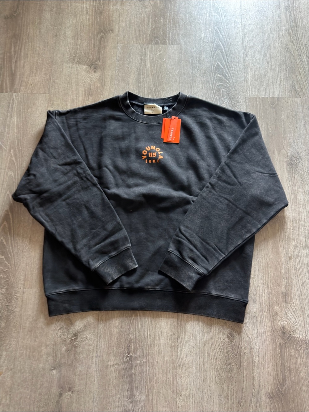 YoungLA Houston Tour Black-washed Crewneck Sweatshirt with Orange Logo